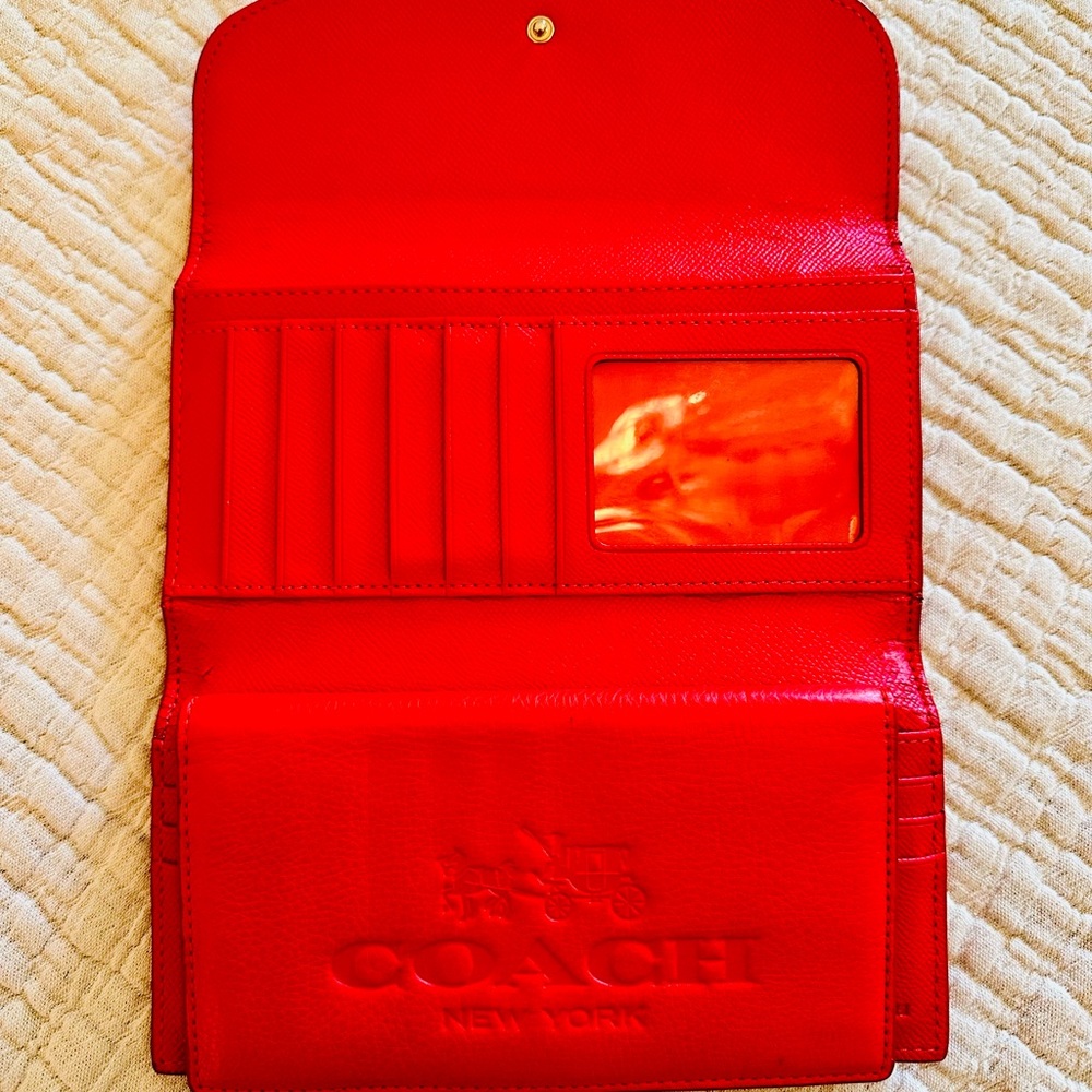 COACH Bold Coral Red Leather Wallet With Removable Checkbook Cover - Picture 8 of 14